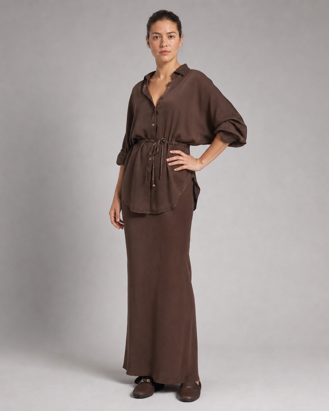 Lisa Shirt & Skirt Set | Women's Two-Piece Drawstring Co-Ord — Brown — threequarter