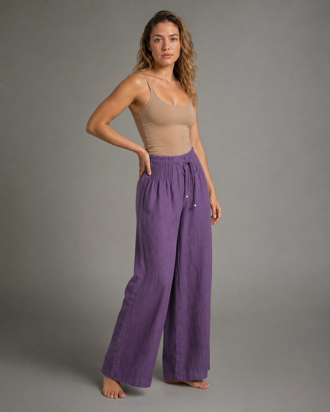 Annabelle Wide-Leg Palazzo Pants | Women's Drawstring Trousers — Purple — threequarter