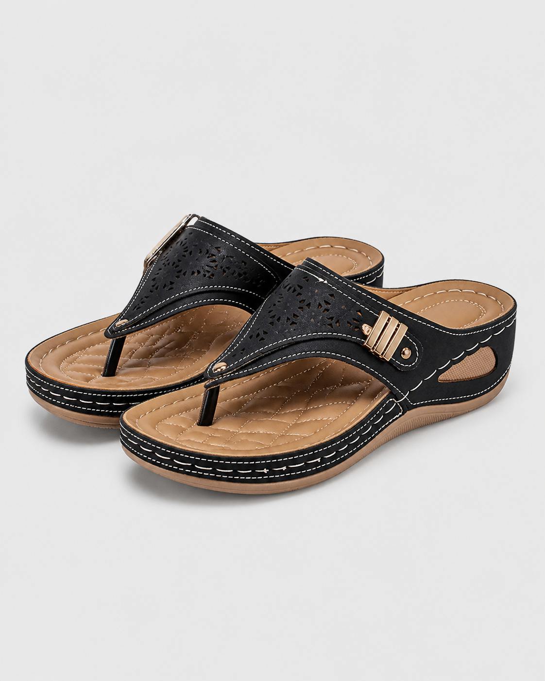 Zara Embroidered Wedge Sandals | Women's Toe-Post Slip-On Sandals — Black — hero