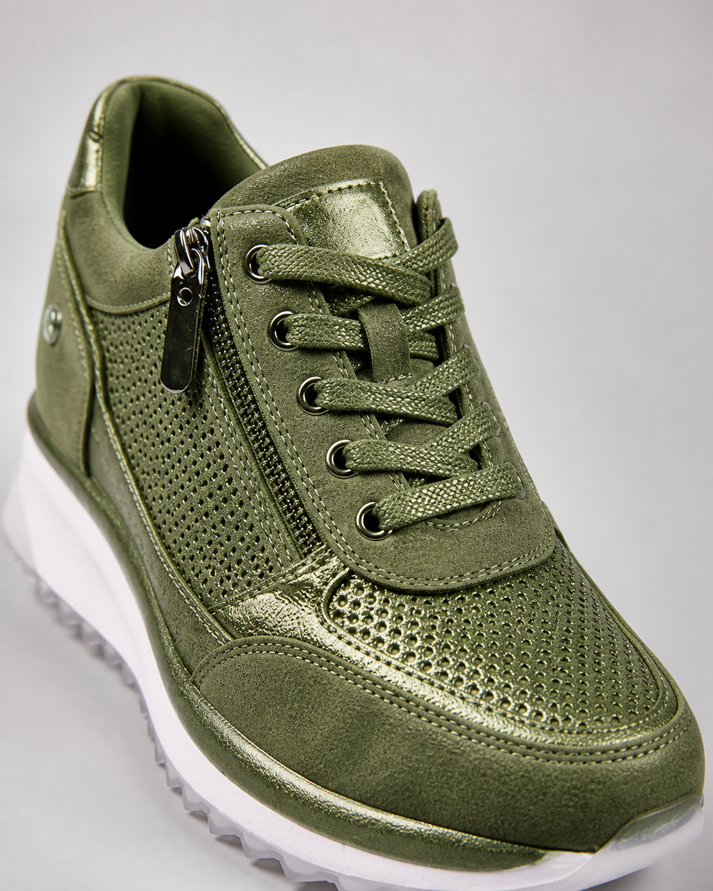 Sparkle Rhinestone Zip Trainers | Women's Metallic Lace-Up Sneakers — Green — macro