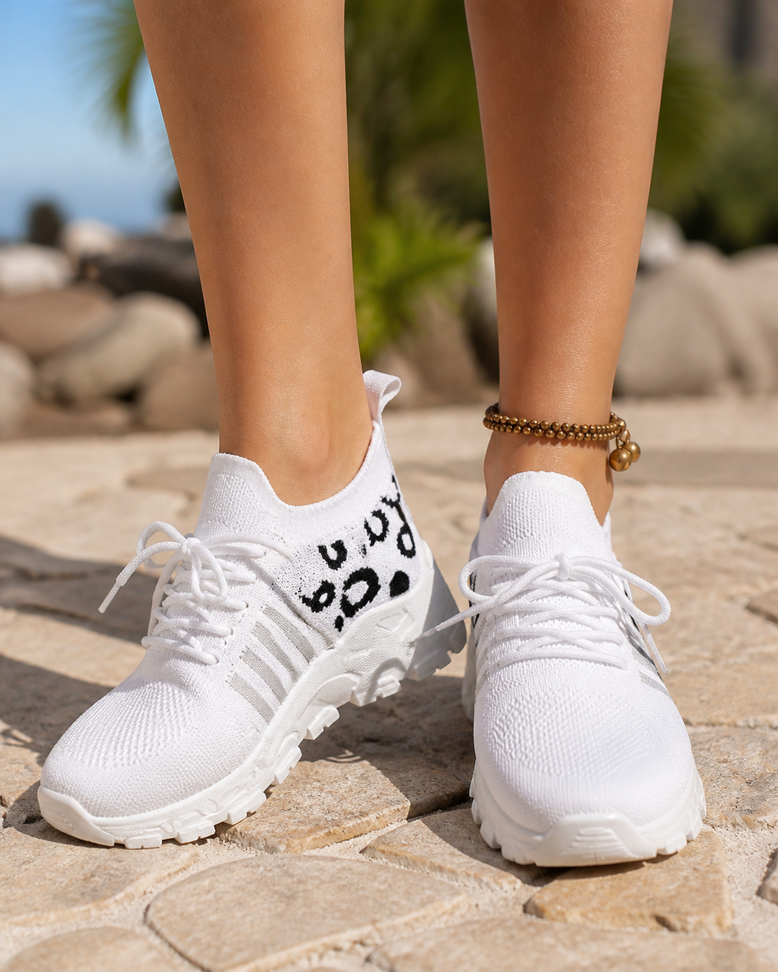 Aura Chunky-Sole Knit Trainers | Women's Lace-Up Mesh Sneakers — White 3 — onfoot