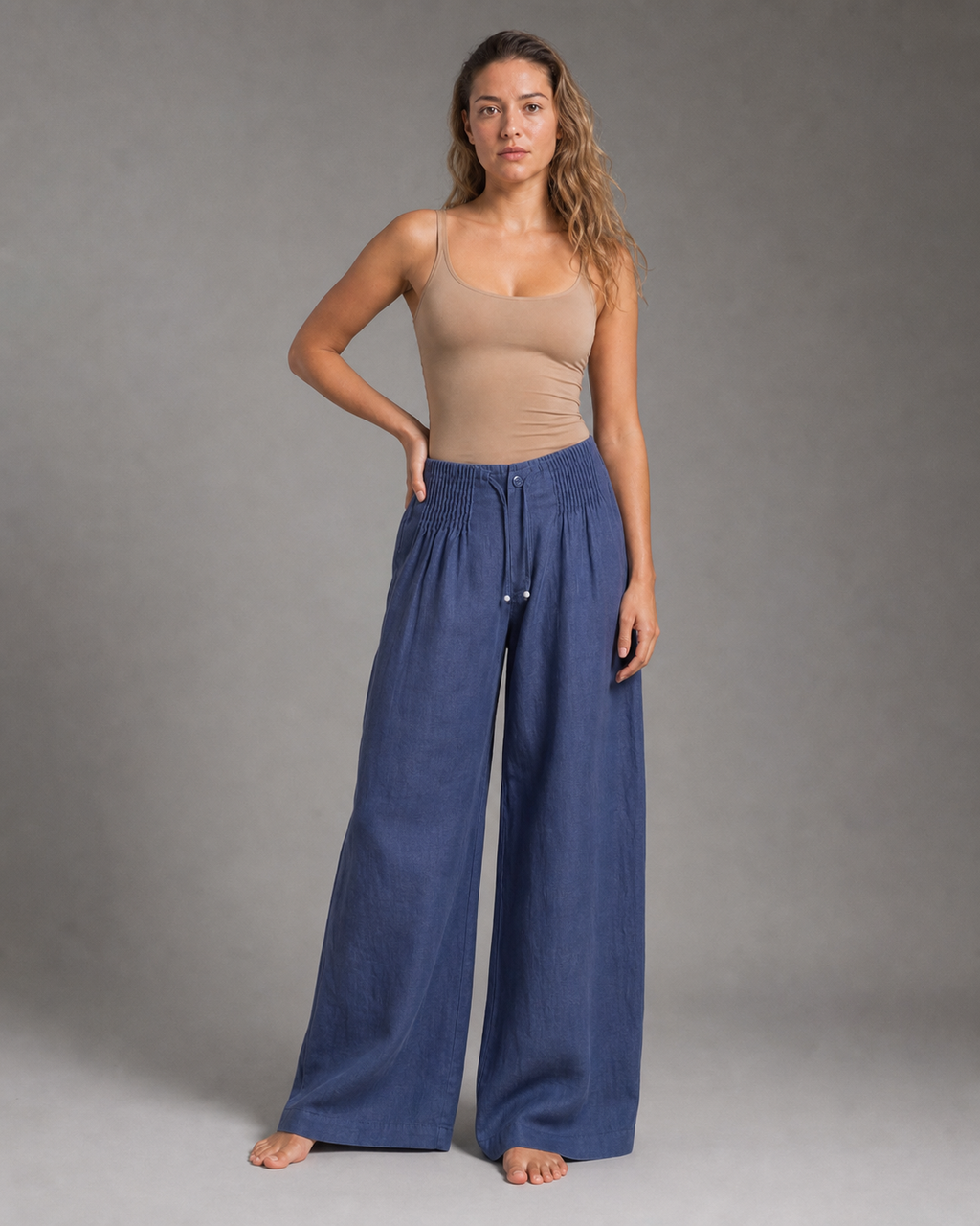 Annabelle Wide-Leg Palazzo Pants | Women's Drawstring Trousers — Navy Blue — threequarter