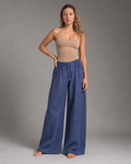 Annabelle Wide-Leg Palazzo Pants | Women's Drawstring Trousers — Navy Blue — threequarter
