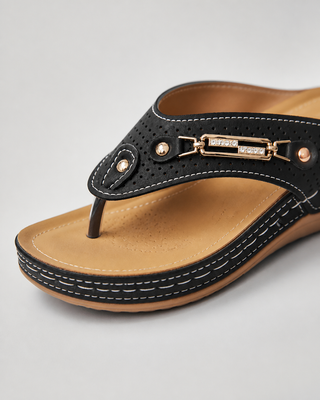 Nysa Embellished Thong Sandals | Women's Cushioned Wedge Sandals — Black — macro
