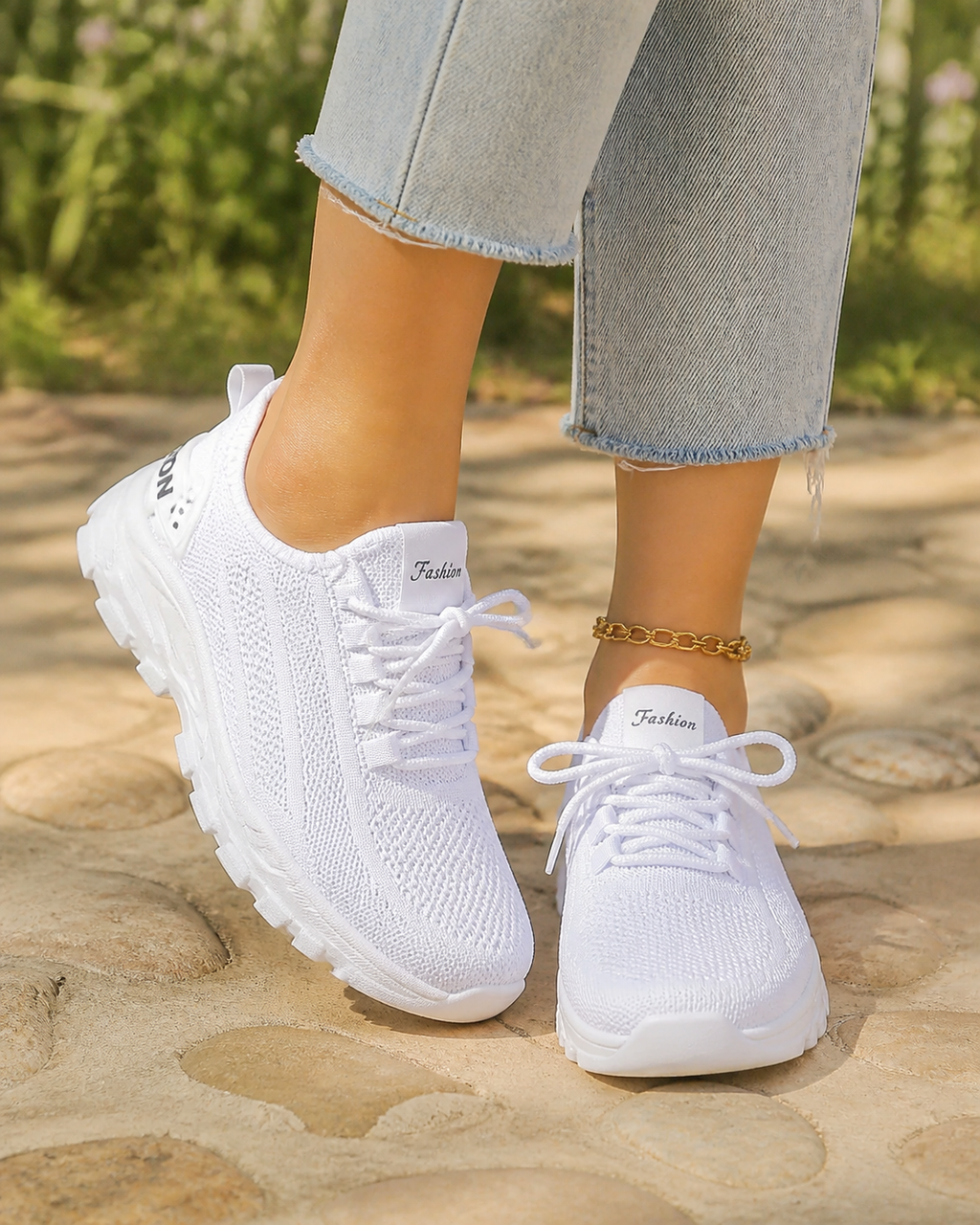 Aura Chunky-Sole Knit Trainers | Women's Lace-Up Mesh Sneakers — White 2 — onfoot