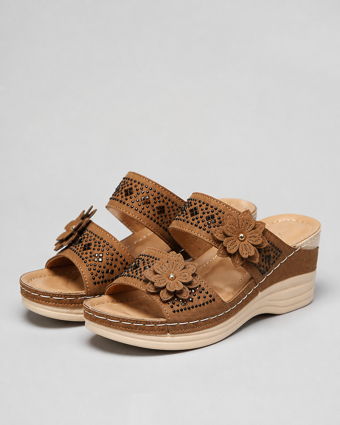 Delor Floral Wedge Slides | Women's Slip-On Platform Sandals — Light Brown — hero