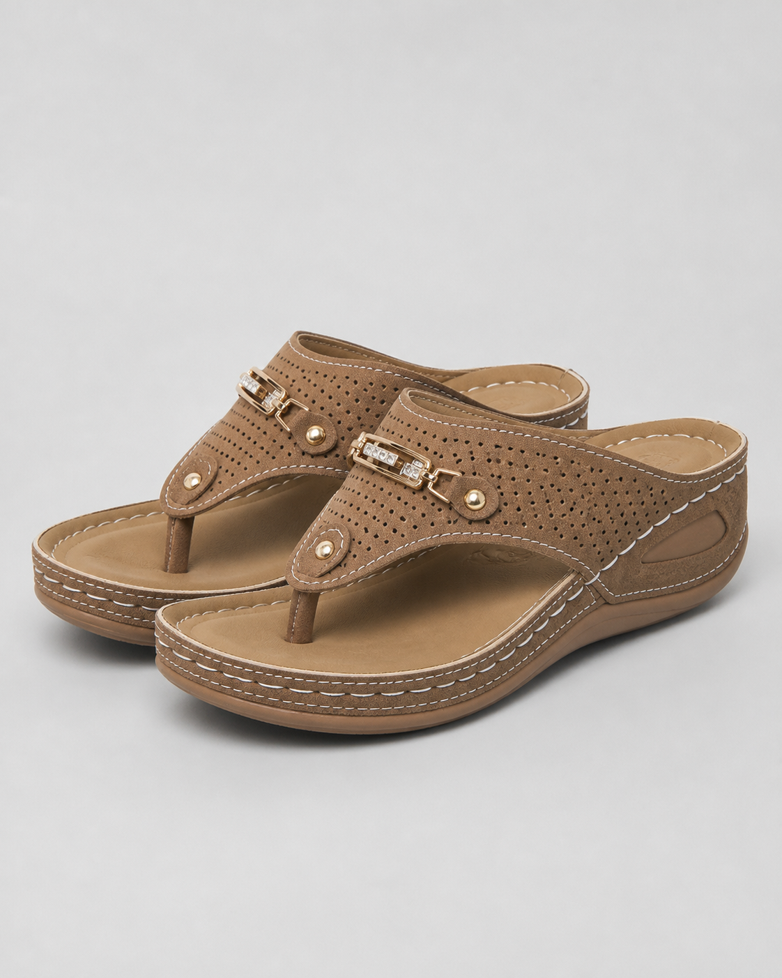 Nysa Embellished Thong Sandals | Women's Cushioned Wedge Sandals — Brown — hero