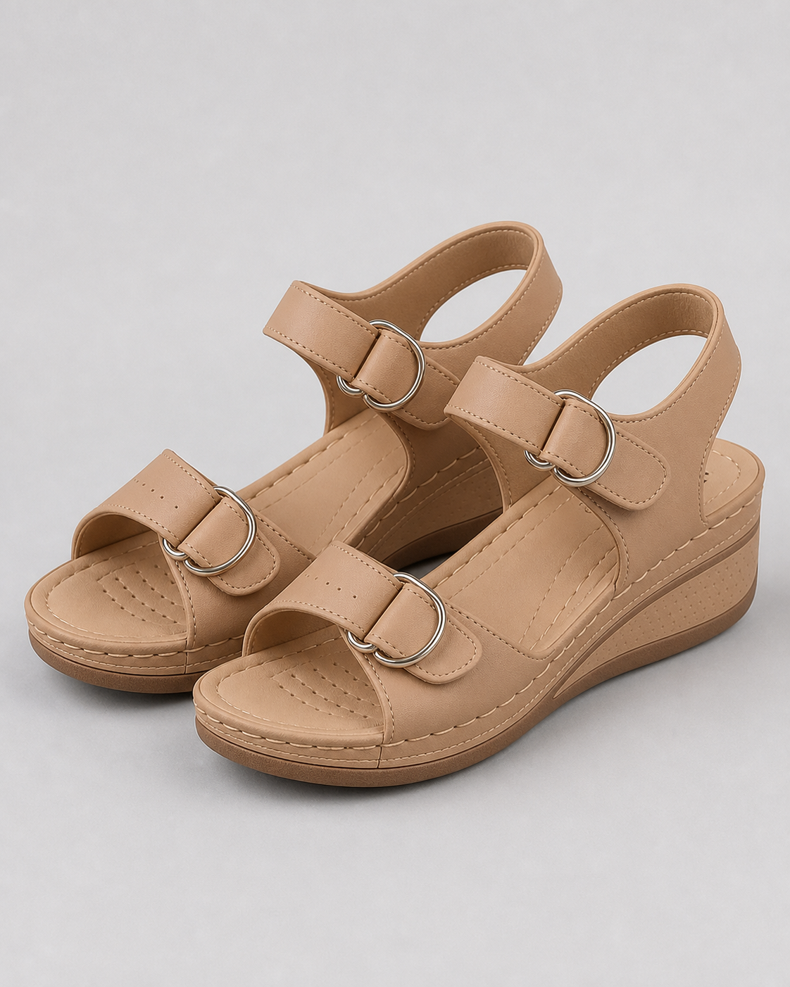 Vera Twin-Strap Wedge Sandals | Women's Cushioned Comfort Sandals — Khaki — hero