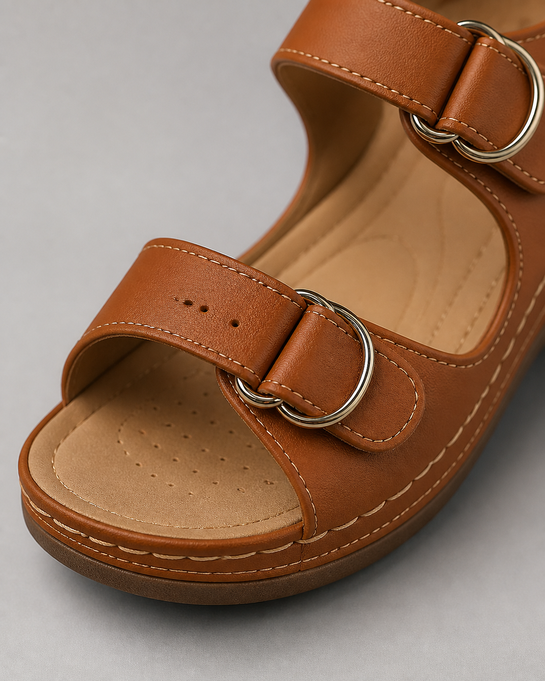 Vera Twin-Strap Wedge Sandals | Women's Cushioned Comfort Sandals — Brown — macro