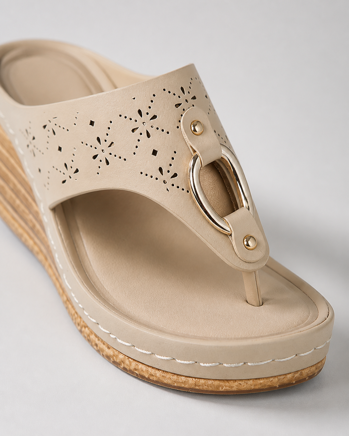 Bianca Toe-Loop Flat Sandals | Women's Embellished Comfort Sandals — Beige — macro