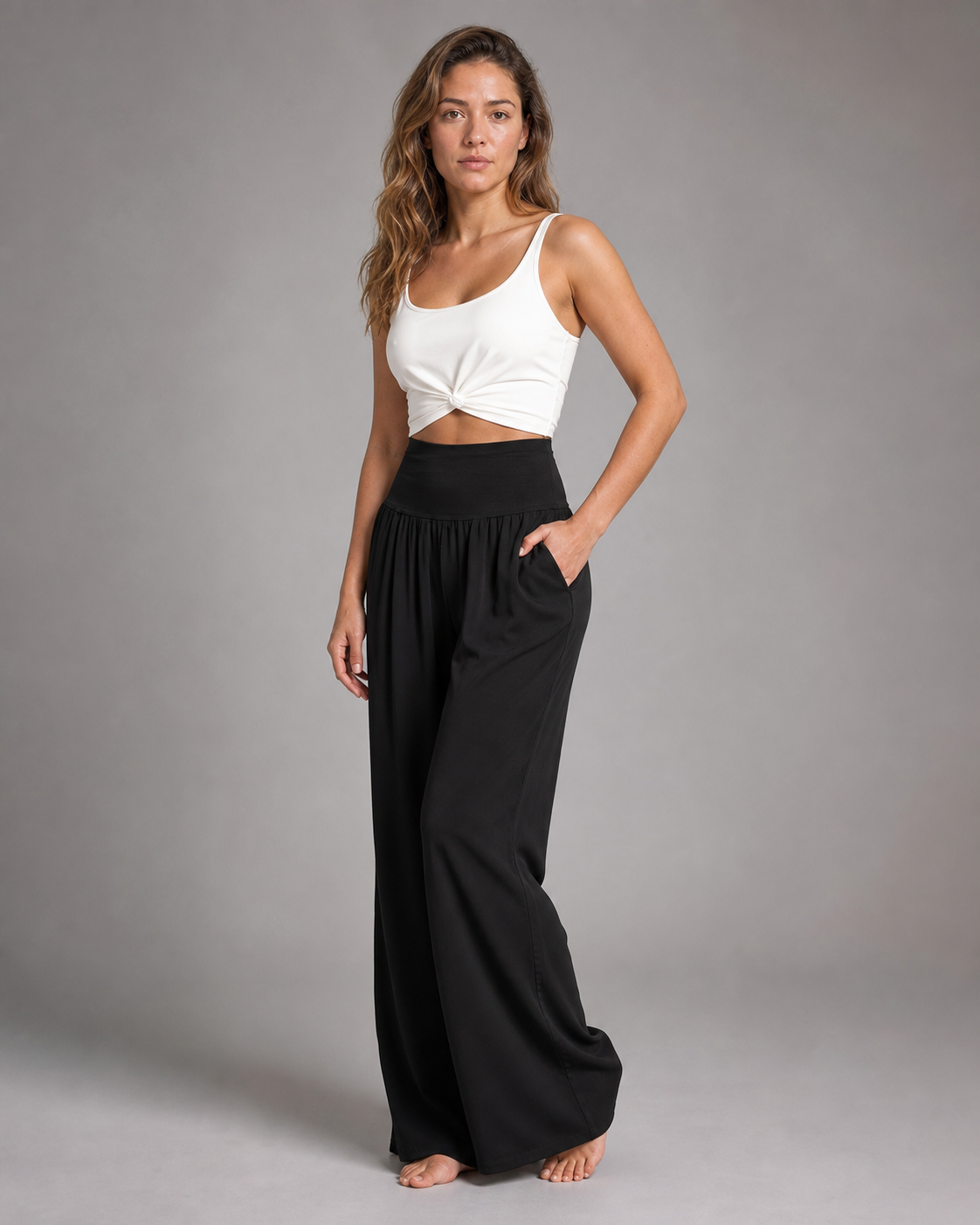 Susan Smocked Wide-Leg Pants | Women's Flowing Beach Trousers — Black — threequarter