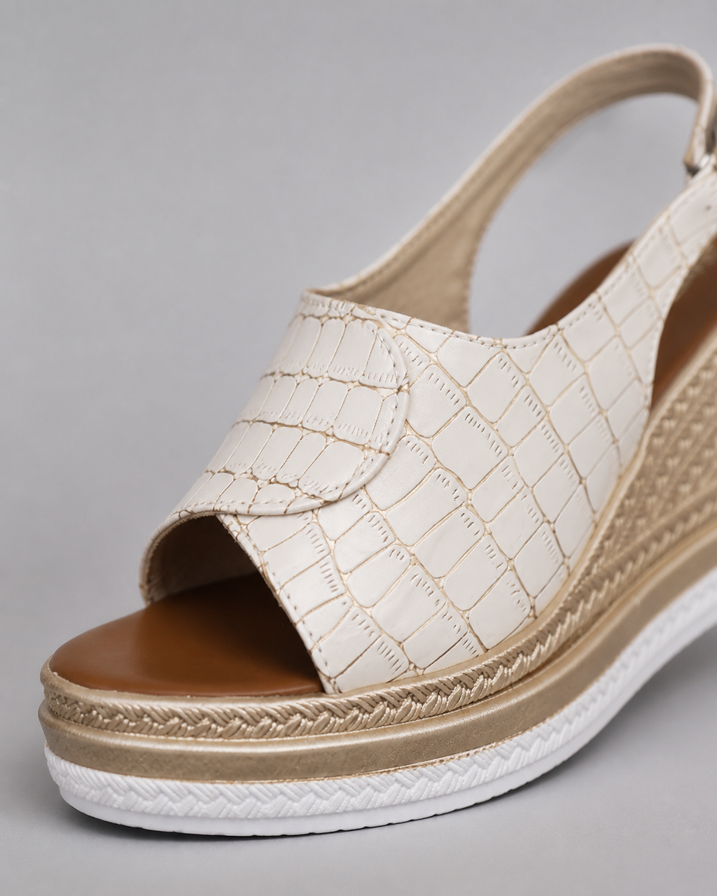 Marbella Croc-Effect Wedge Sandals | Women's Platform Sandals — White — macro
