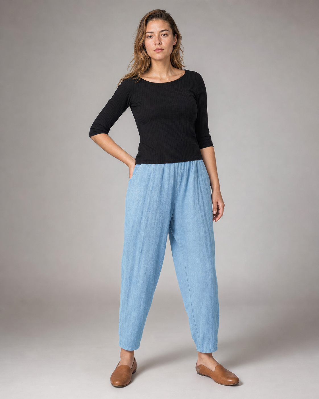 Desiree Relaxed Barrel Pants | Women's Lightweight Summer Trousers — Sky Blue — threequarter