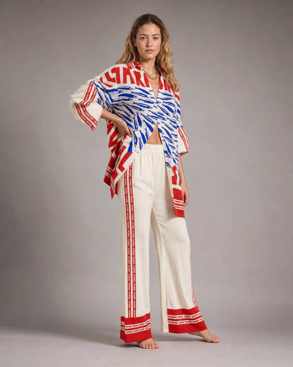 Levi Printed Co-Ord | Women's Two-Piece Shirt & Trouser Set — Red/Blue — threequarter