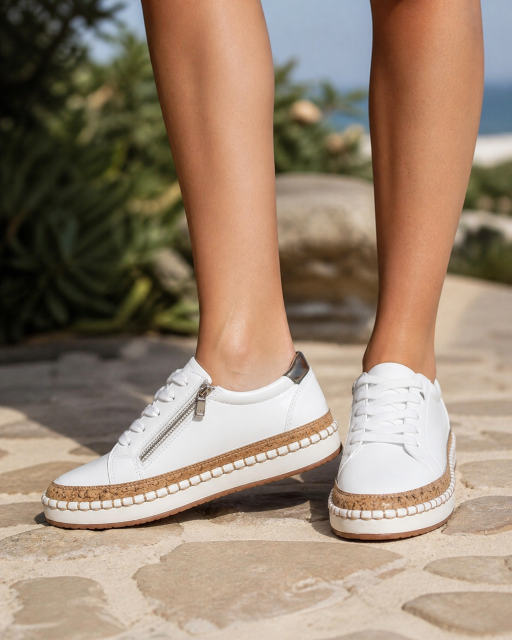 Blossom Floral Espadrille Sneakers | Women's Embroidered Zip Trainers — White — onfoot