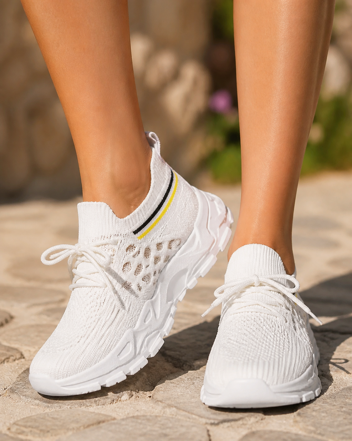 Aura Chunky-Sole Knit Trainers | Women's Lace-Up Mesh Sneakers — White — onfoot