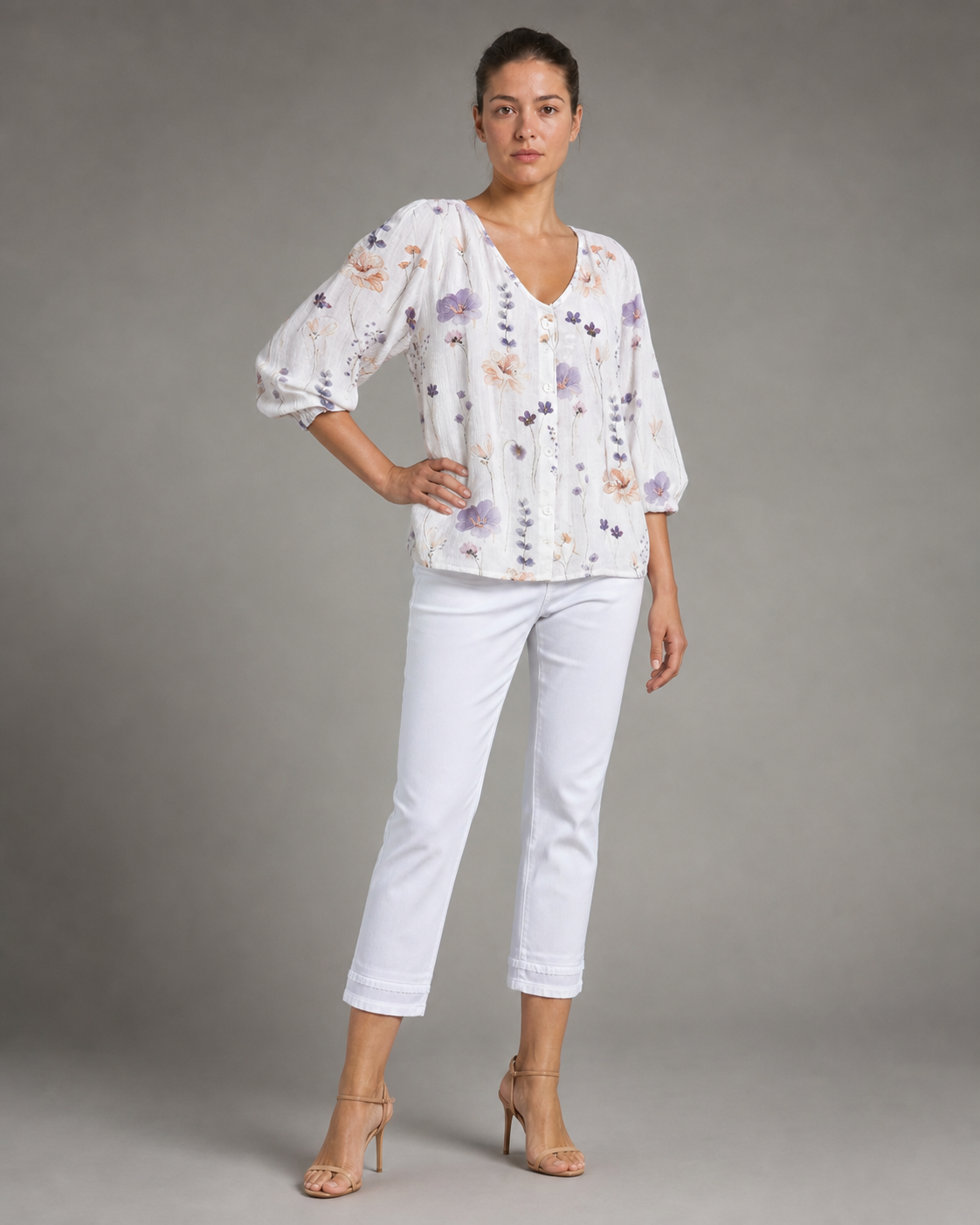 Sherry Floral Blouse | Women's V-Neck Relaxed Top — White — threequarter