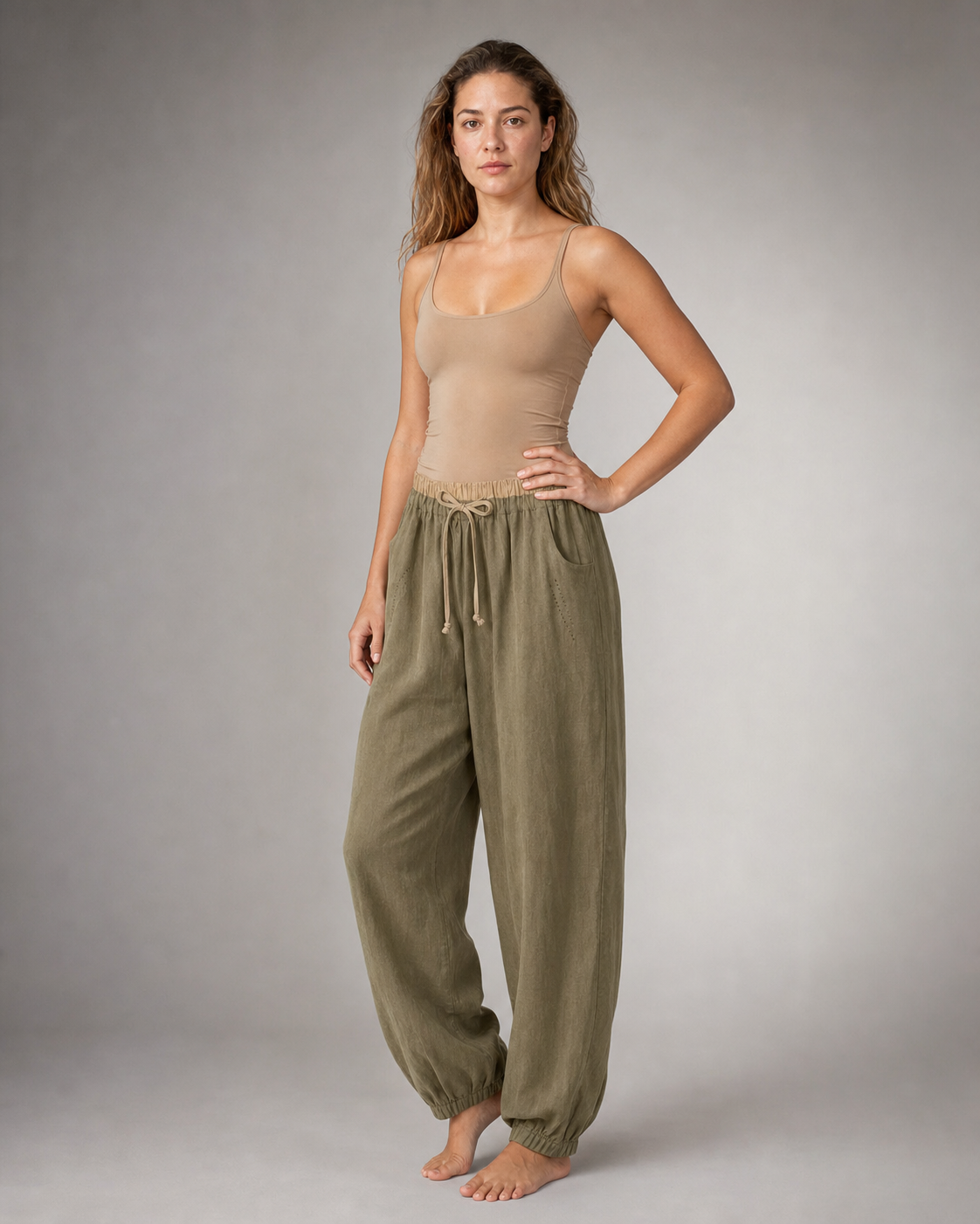 Vivo Drawstring Tapered Pants | Women's Relaxed Summer Trousers — Olive — threequarter