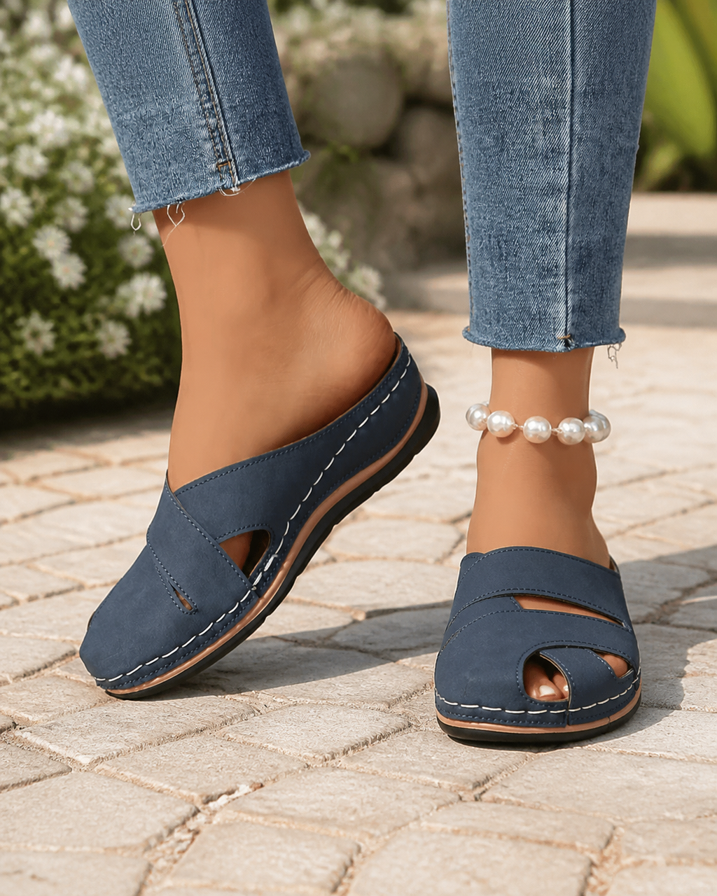 Ella Round-Toe Wedge Sandals | Women's Platform Slip-On Sandals — Blue — onfoot