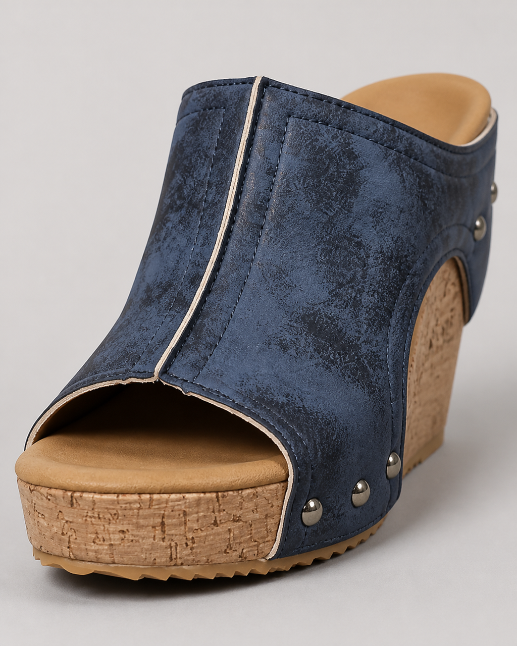 Quinley Cork Wedge Sandals | Women's Cut-Out Platform Slides — Blue — macro