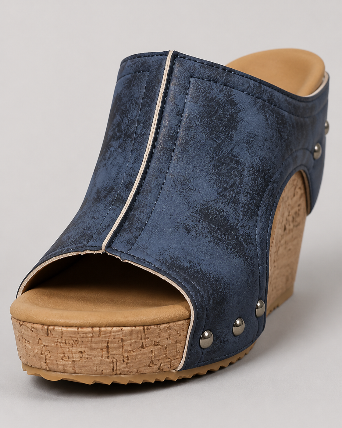 Quinley Cork Wedge Sandals | Women's Cut-Out Platform Slides — Blue — macro