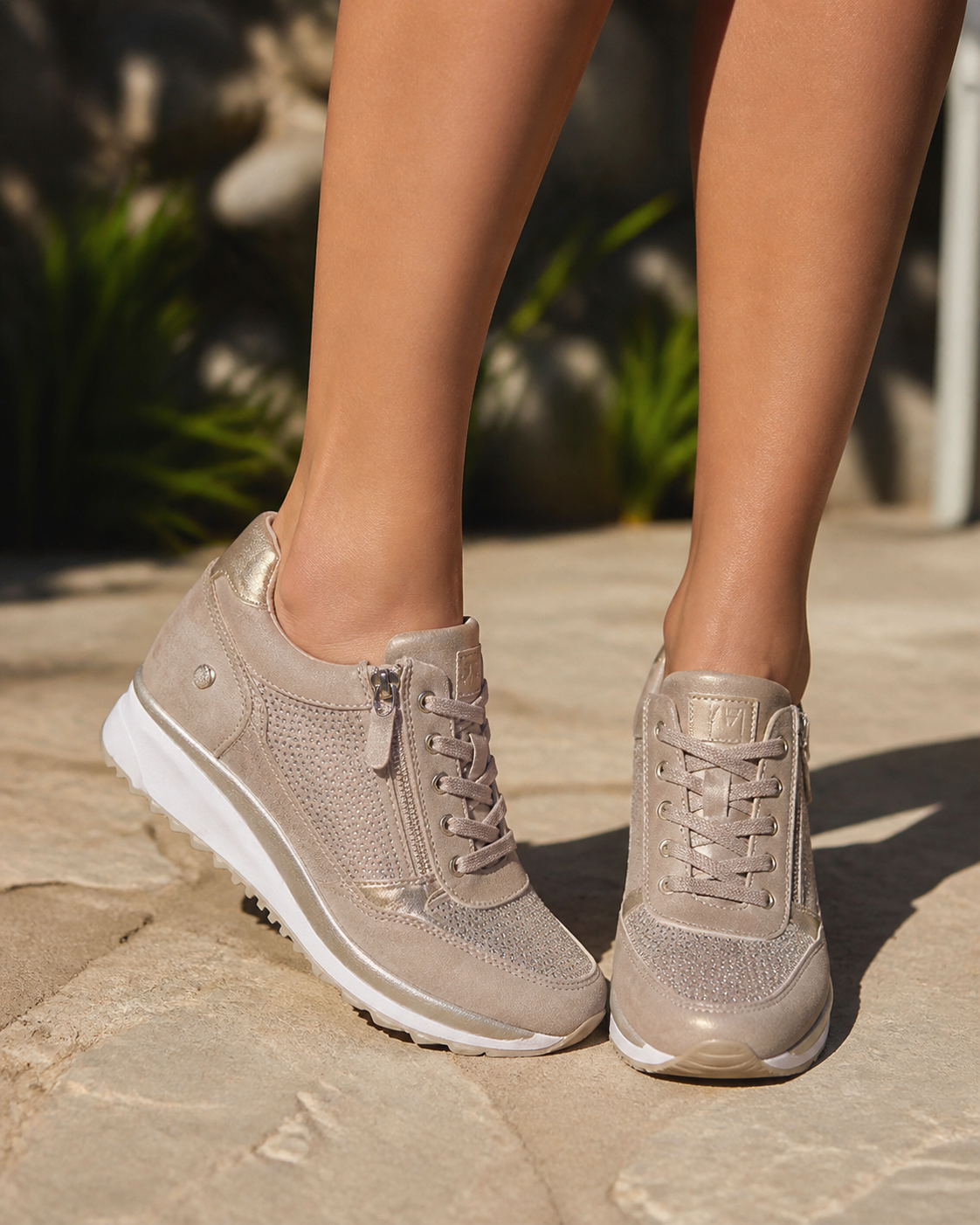 Sparkle Rhinestone Zip Trainers | Women's Metallic Lace-Up Sneakers — Beige — onfoot