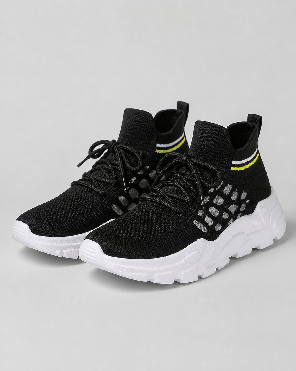 Aura Chunky-Sole Knit Trainers | Women's Lace-Up Mesh Sneakers — Black — hero