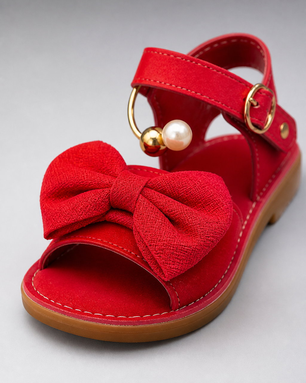 Corwyn Bow Flat Sandals | Women's Pearl Ankle-Cuff Sandals — Red — macro