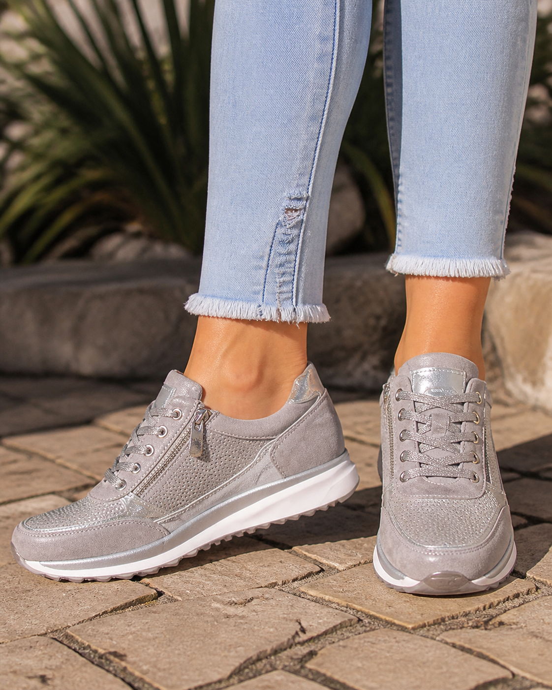 Sparkle Rhinestone Zip Trainers | Women's Metallic Lace-Up Sneakers — Silver — onfoot