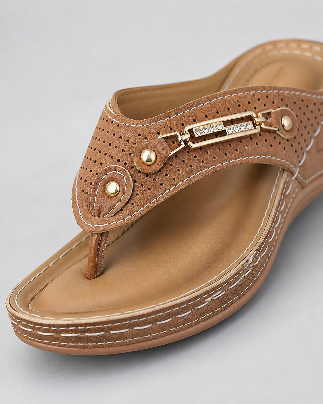 Nysa Embellished Thong Sandals | Women's Cushioned Wedge Sandals — Brown — macro