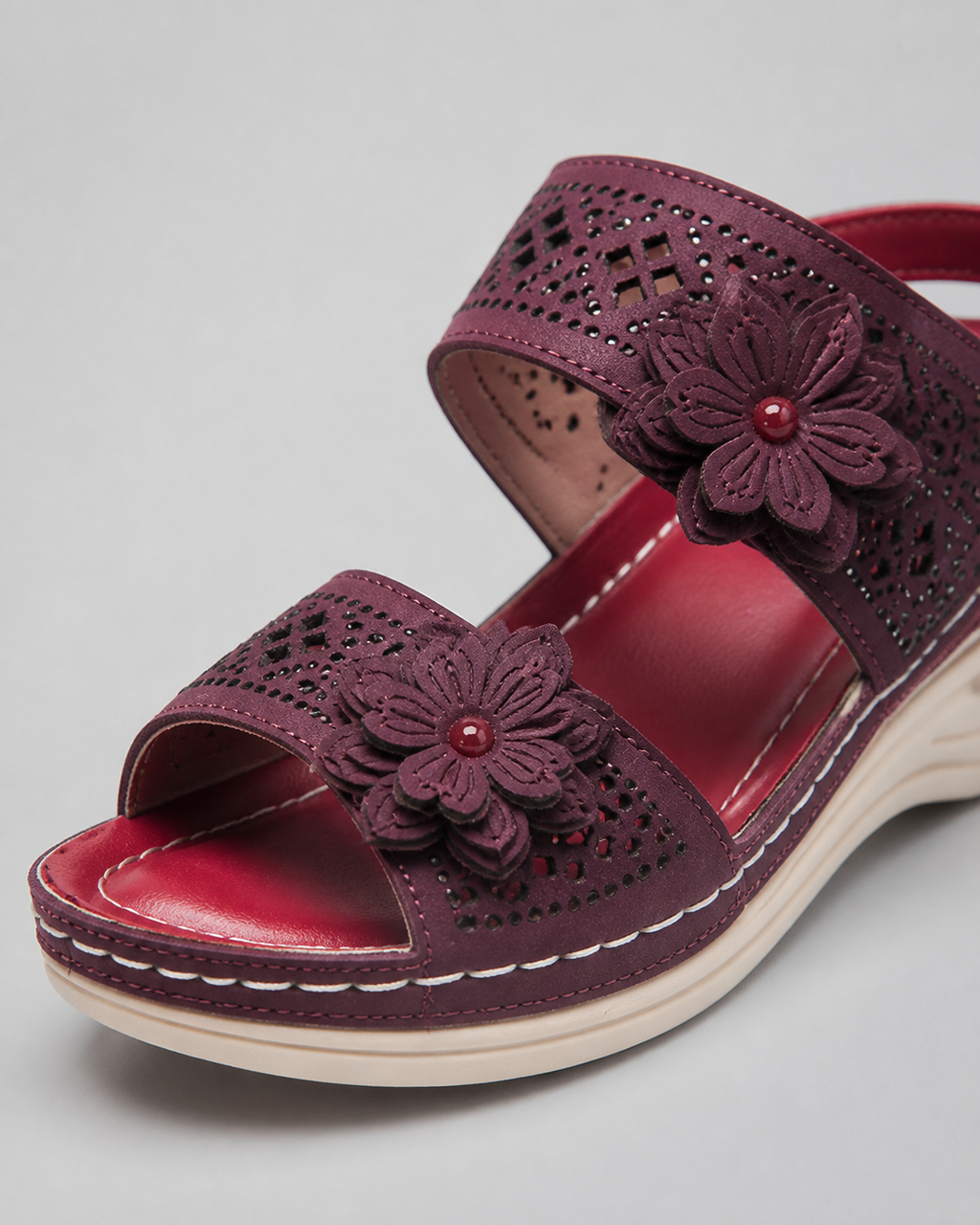 Delor Floral Wedge Slides | Women's Slip-On Platform Sandals — Burgundy — macro