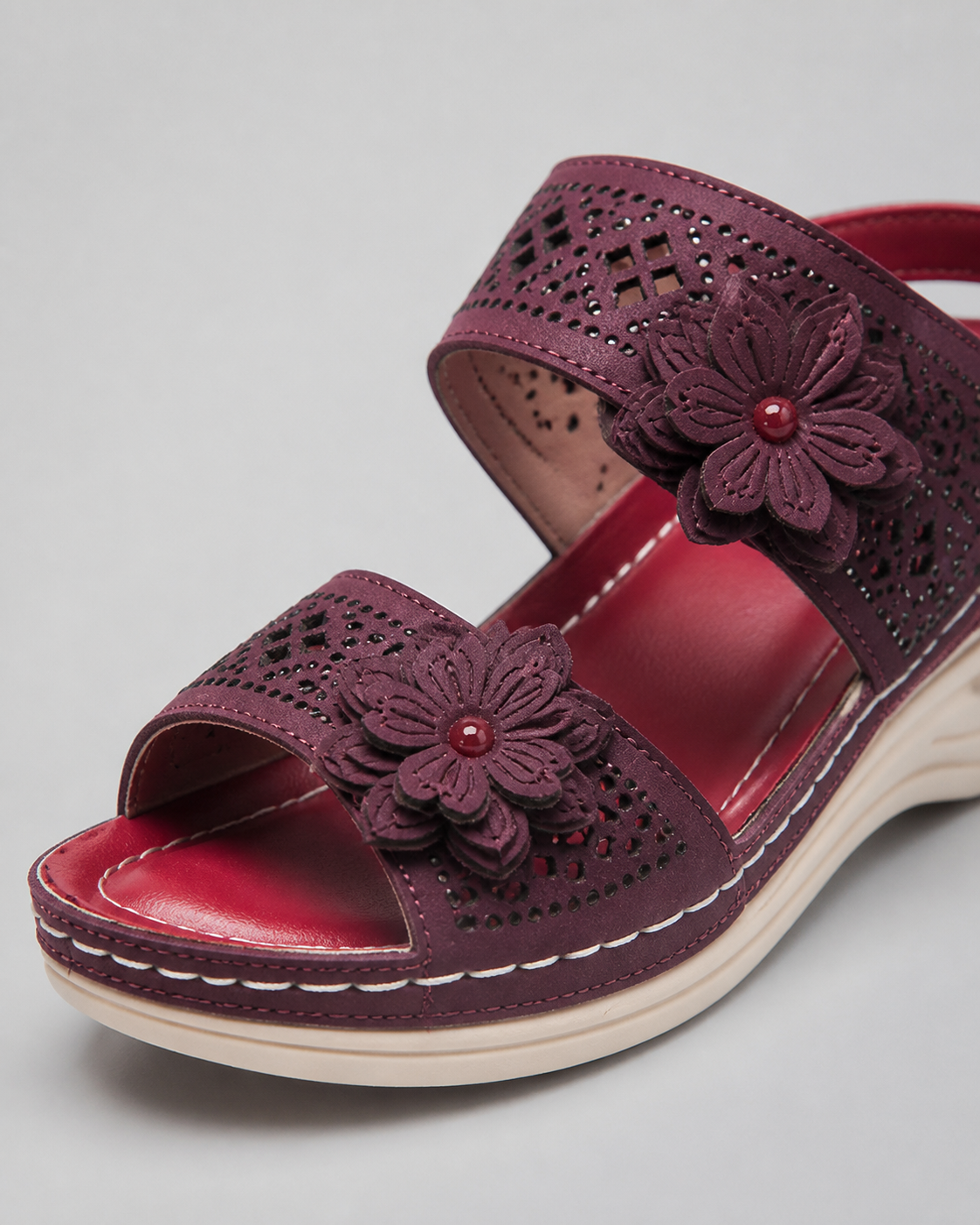 Delor Floral Wedge Slides | Women's Slip-On Platform Sandals — Burgundy — macro