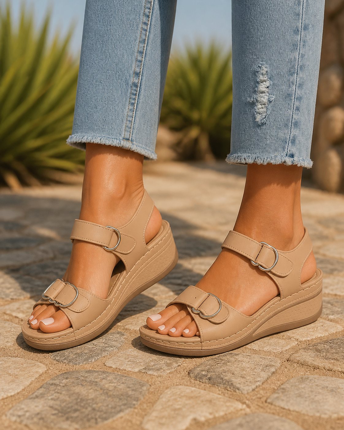 Vera Twin-Strap Wedge Sandals | Women's Cushioned Comfort Sandals — Khaki — onfoot