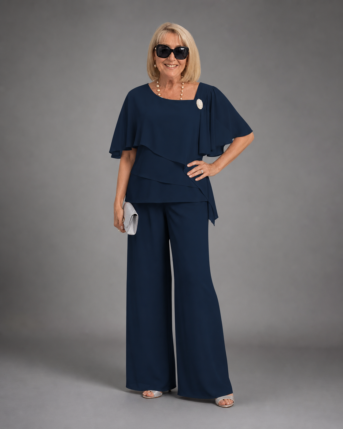 Karen Off-Shoulder Set | Women's Elegant Two-Piece Co-Ord — Navy Blue — threequarter