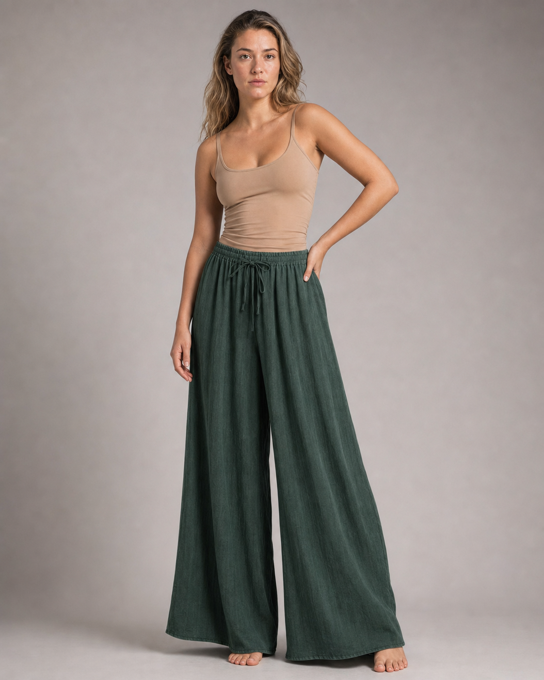 Nicole Wide-Leg Pants | Women's Elegant Relaxed Trousers — Green — threequarter