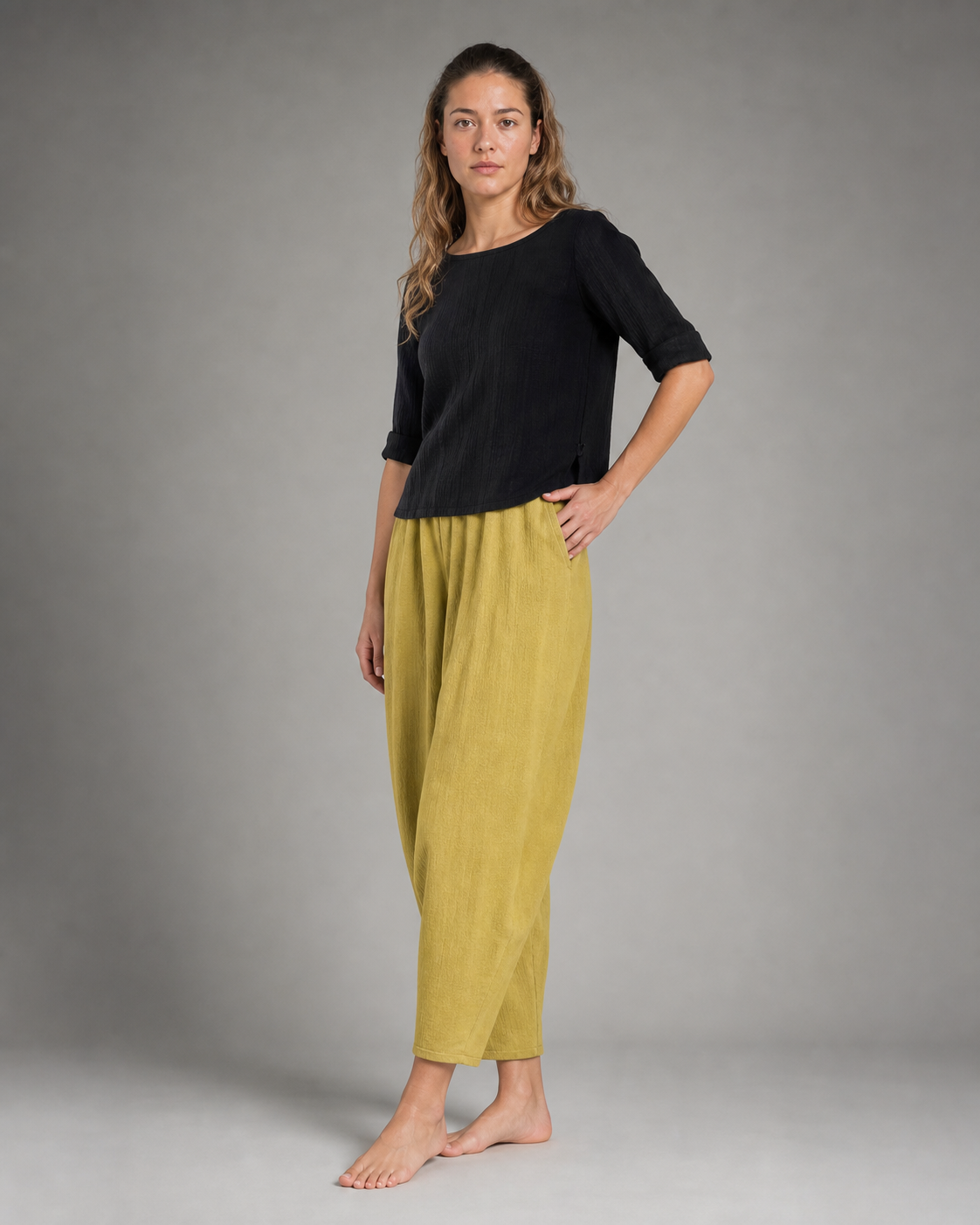 Desiree Relaxed Barrel Pants | Women's Lightweight Summer Trousers — Yellow — threequarter