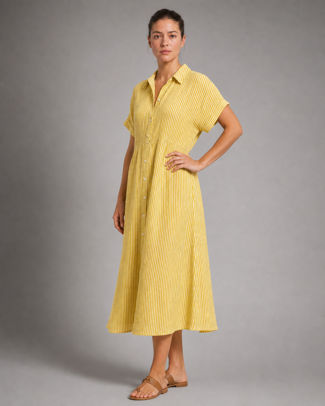Corinne Striped Shirt | Women's Relaxed Button-Up Top — Yellow — threequarter