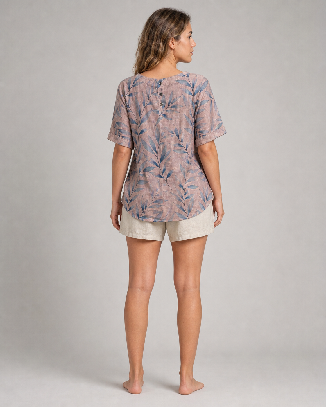 Toni Leaf Print Shirt | Women's Relaxed Roll-Sleeve Top — Pink — back