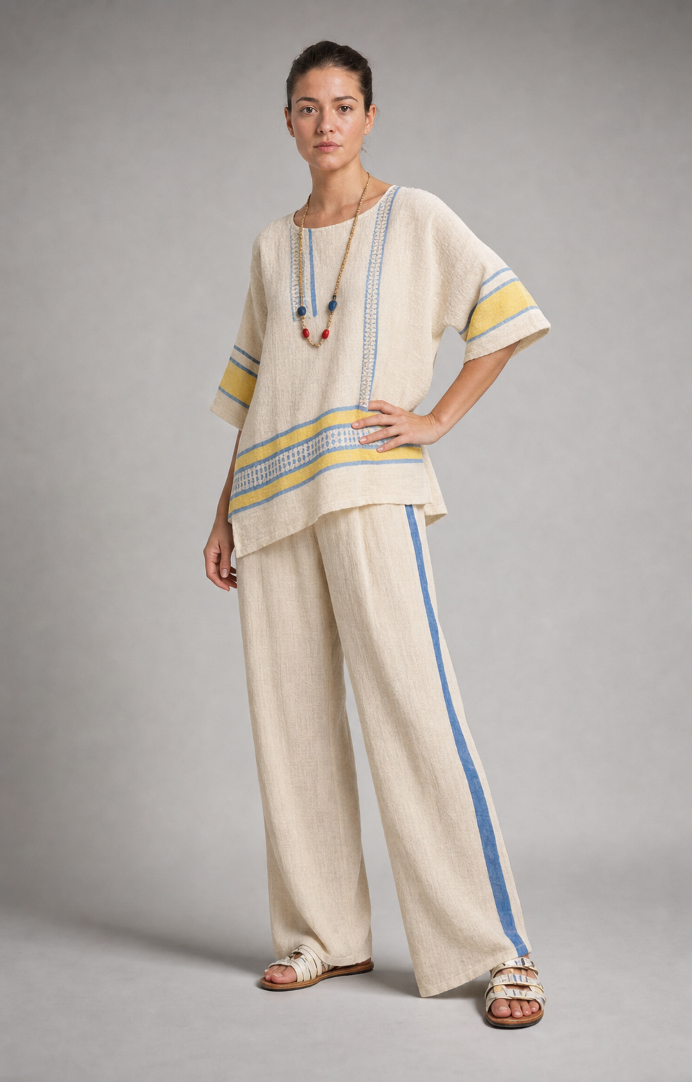 Samantha Striped Co-Ord | Women's Two-Piece Wide-Leg Set — Cream — threequarter