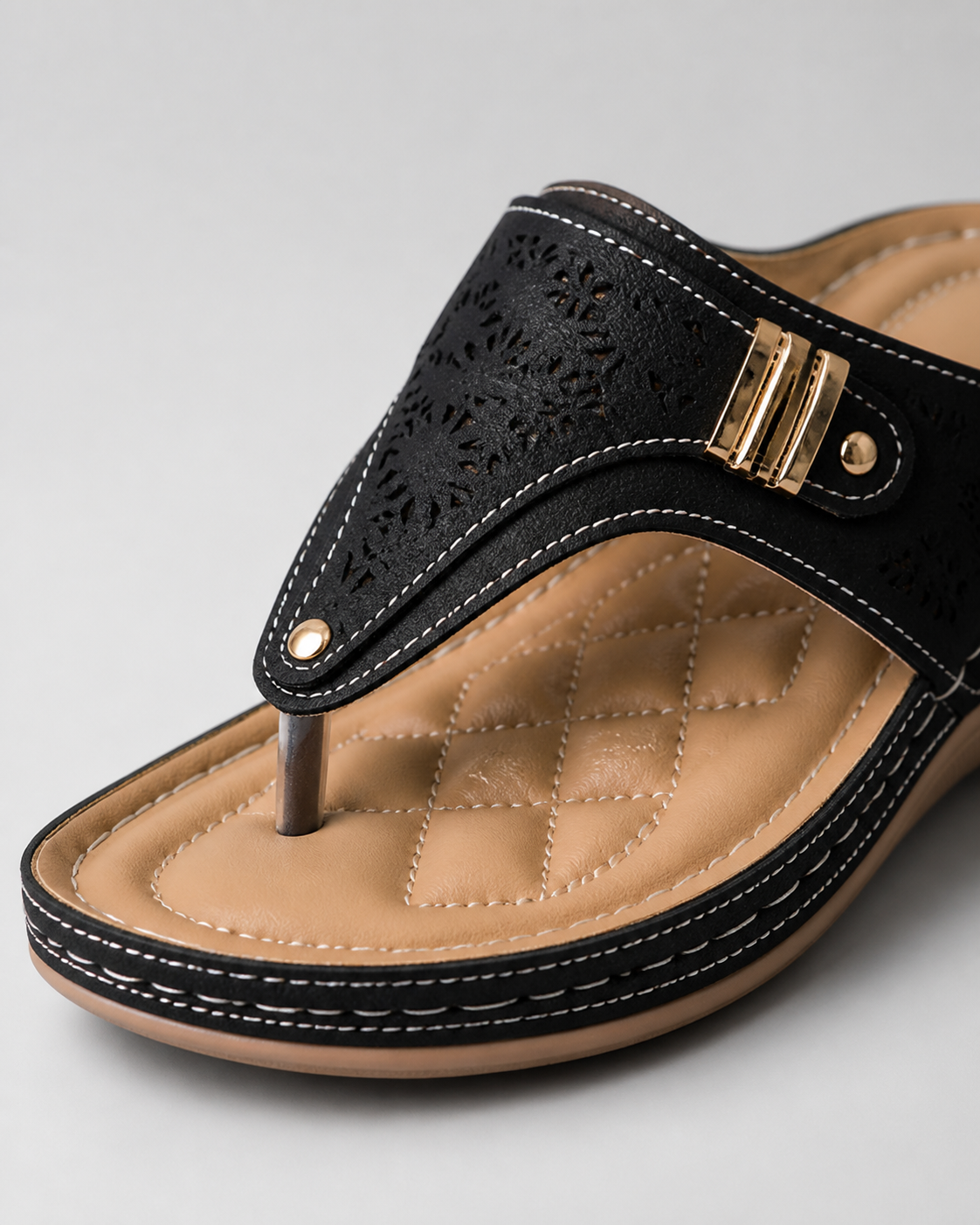 Xaria Beaded Wedge Sandals | Women's Toe-Post Platform Sandals — Black — macro