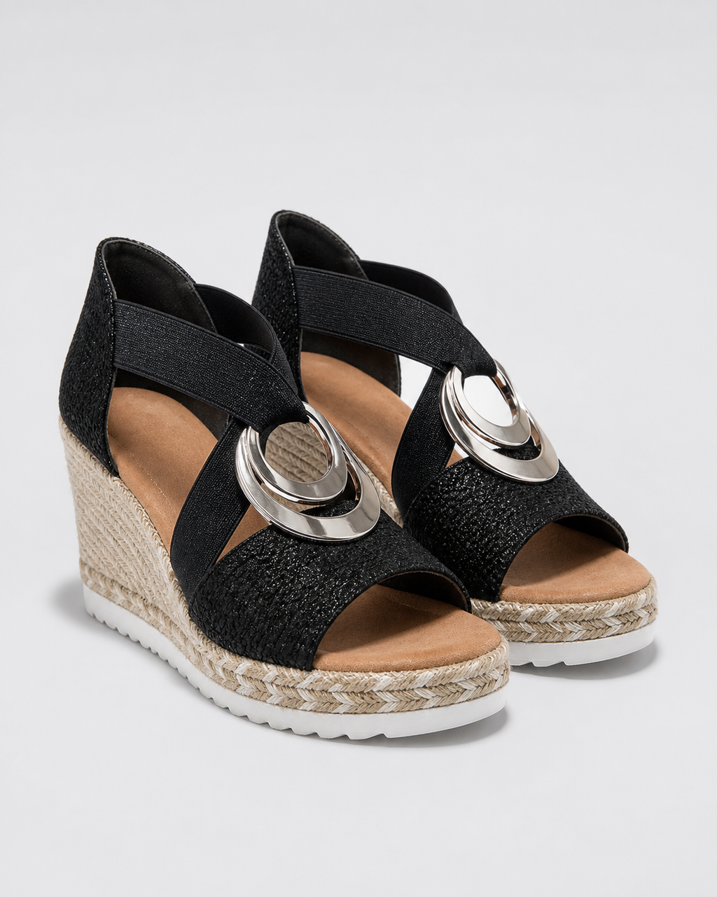 Malorie T-Strap Wedge Sandals | Women's Cushioned Espadrille Sandals — Black — hero