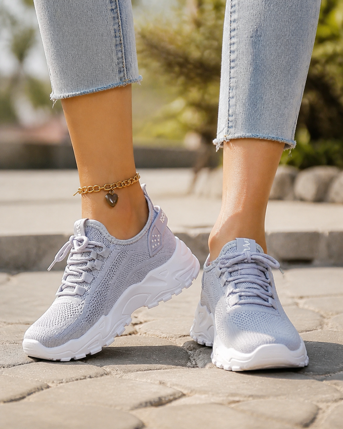 Aura Chunky-Sole Knit Trainers | Women's Lace-Up Mesh Sneakers — Grey — onfoot
