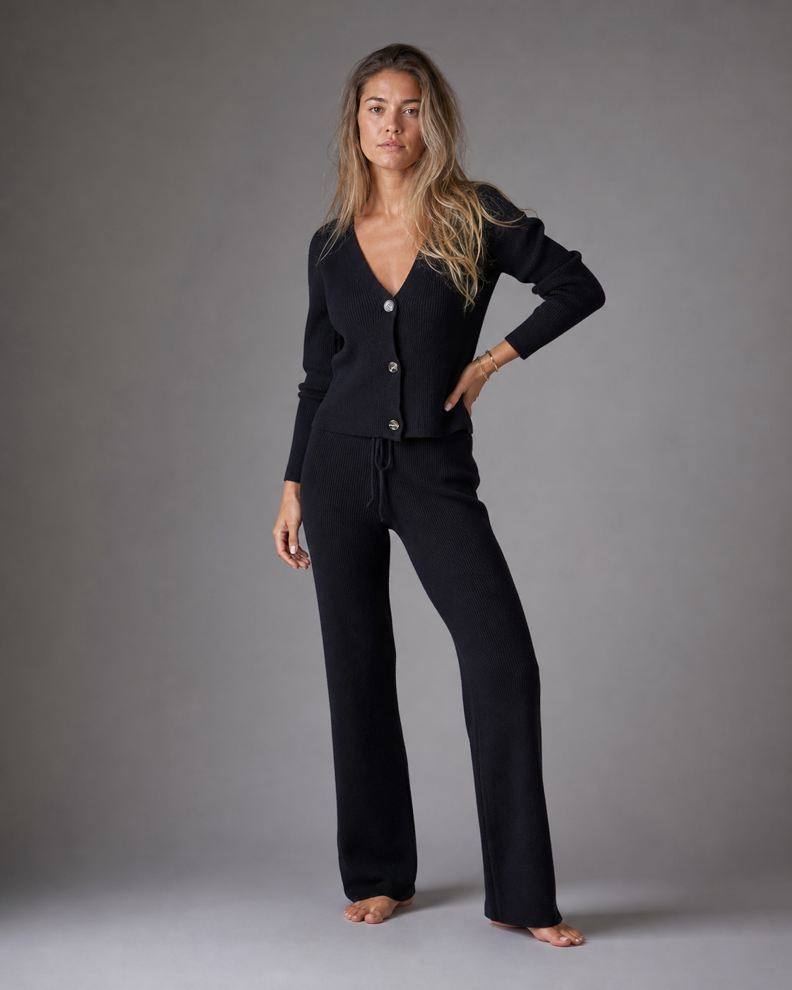Lara Knit Cardigan Set | Women's Two-Piece Loungewear Co-Ord — Black — threequarter