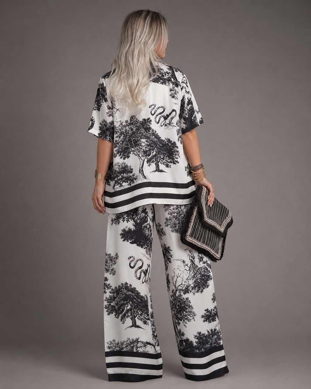 Amber Printed V-Neck Set | Women's Top & Trouser Two-Piece — White — back