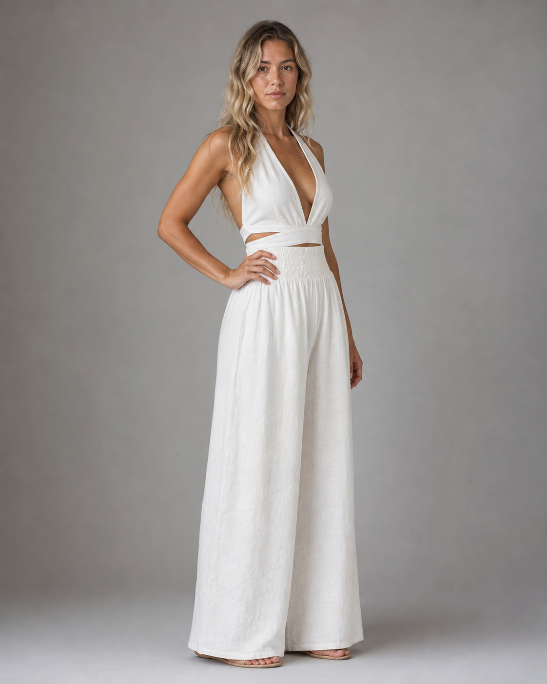 Susan Smocked Wide-Leg Pants | Women's Flowing Beach Trousers — White — threequarter