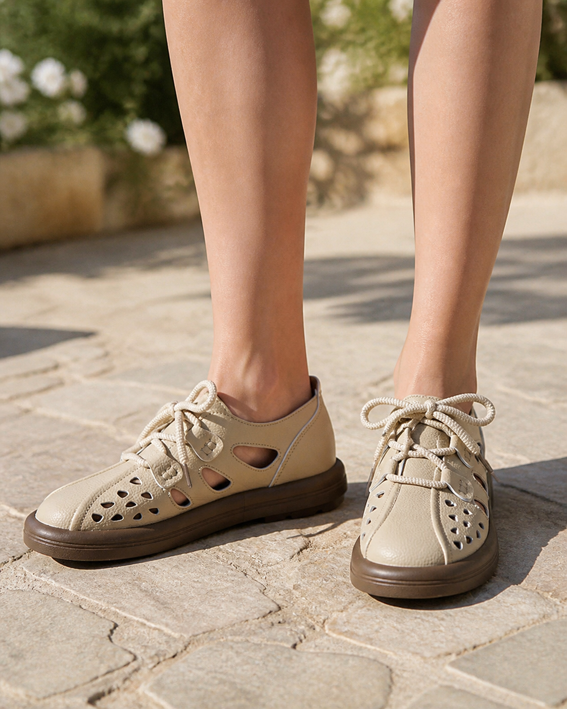 Harbor Perforated Lace-Up Flats | Women's Cut-Out Summer Flats — Brown — onfoot