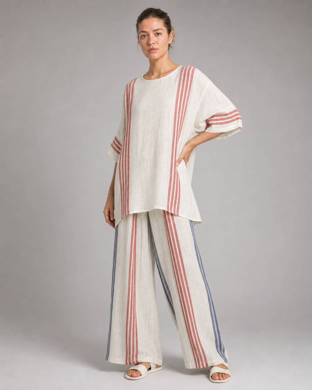 Maddison Striped Co-Ord | Women's Two-Piece Wide-Leg Set — White — threequarter