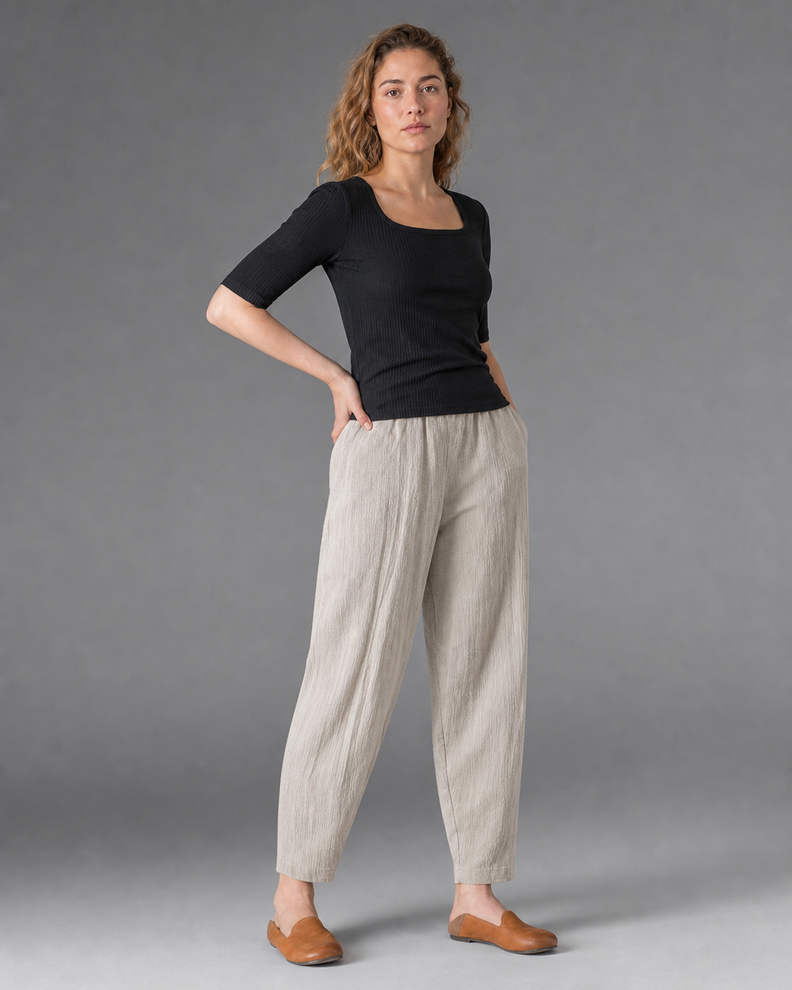 Desiree Relaxed Barrel Pants | Women's Lightweight Summer Trousers — Beige — threequarter