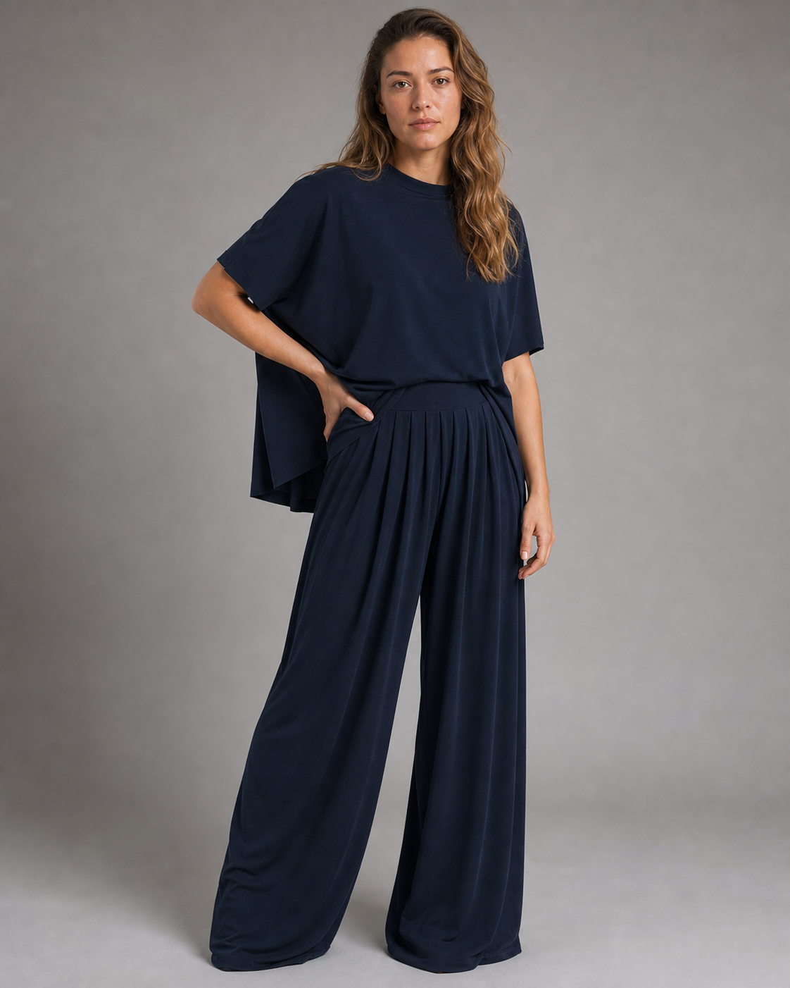 Leanne Top & Wide-Leg Set | Women's Casual Two-Piece Co-Ord — Navy Blue — threequarter