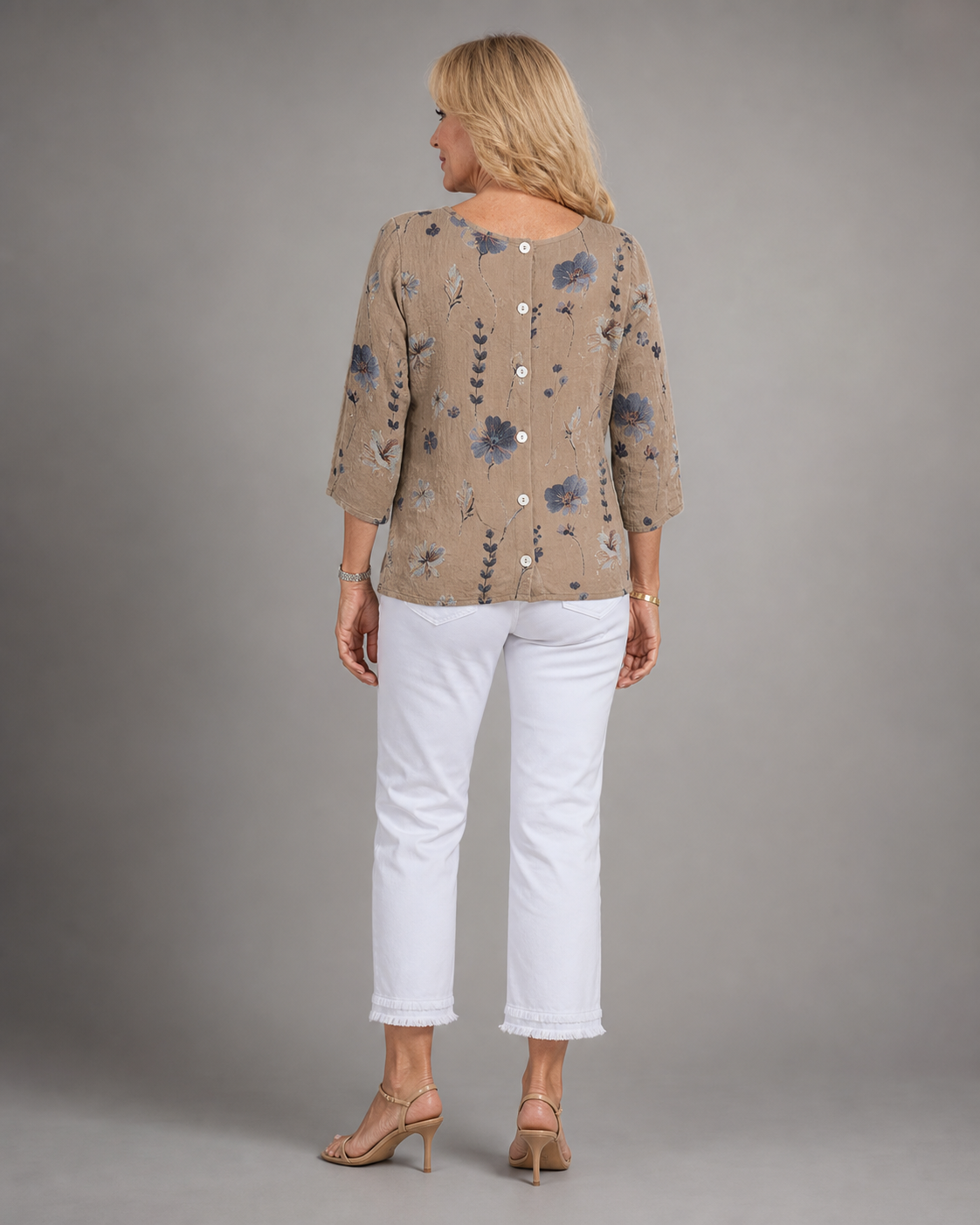 Sherry Floral Blouse | Women's V-Neck Relaxed Top — Khaki — back